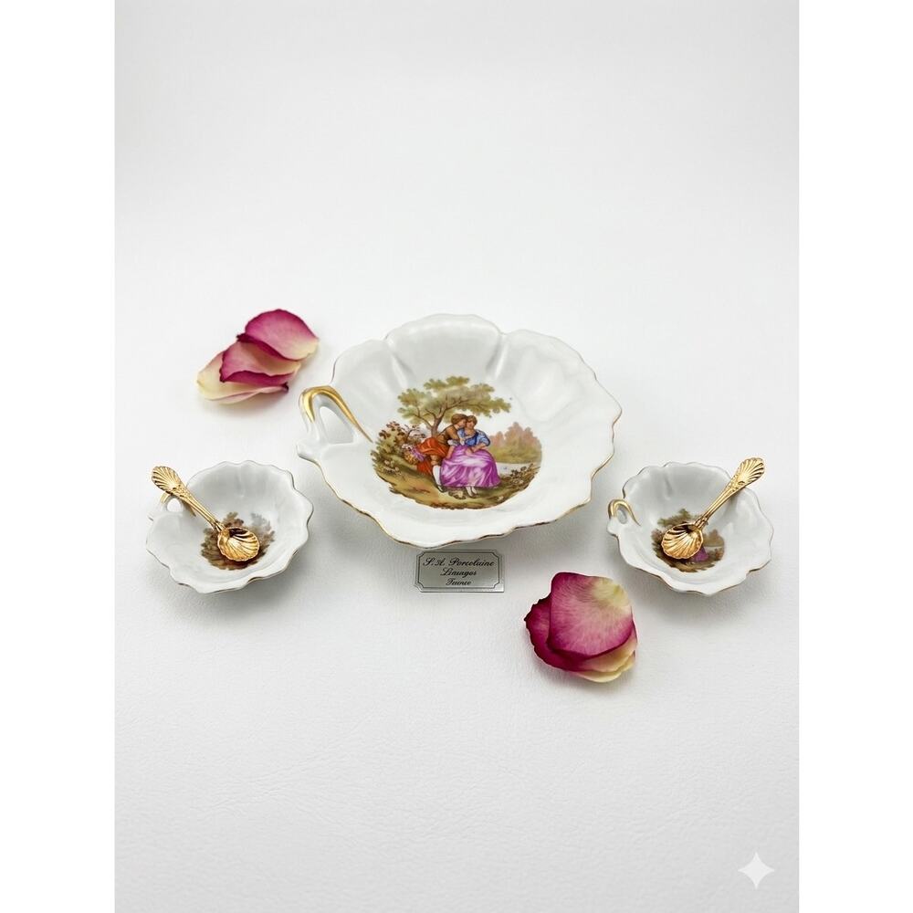 Limoges France Porcelain Leaf Dish Set Fragonard Courting Couple Gilt 5pc